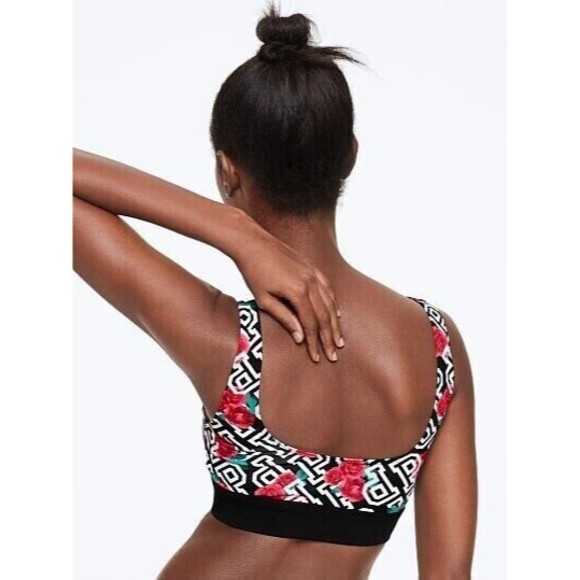 Victorias Secret Pink Ultimate Sport Bra M Logo Floral Print Light Support Black - Picture 10 of 10
